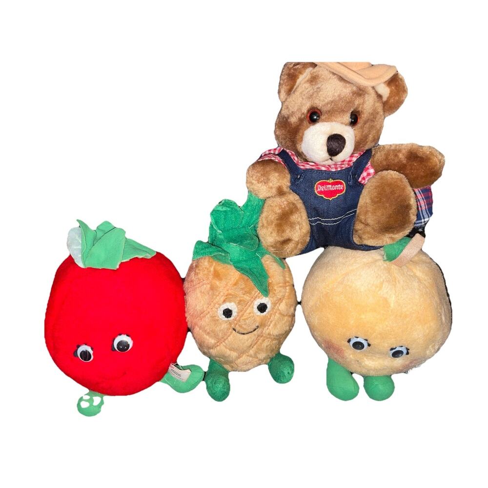 Lot Of Four Vintage Del Monte Plushies Fruits And Bear Collectible 1980’s